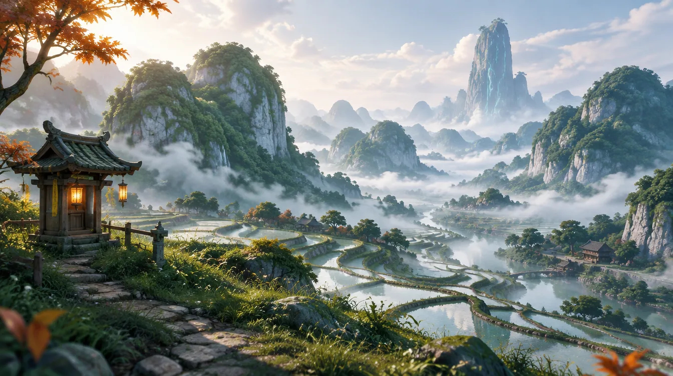 Lembah Mistfall Reach dengan sawah air bertingkat, kuil lentera kecil di bukit, dan kabut pagi di sungai.